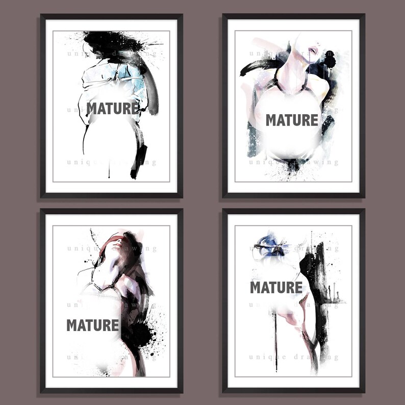 Nude fine art, Mature Naked poster, Japanese Shibari painting, Bondage woman, BDSM poster, Erotic art, Set of 4 prints, Home wall decor 3262 