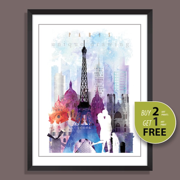 Paris, City of Paris, Paris skyline, Paris landmarks, Paris city icons, Romantic Paris, Paris Painting, Partis prints, Partis poster, 4105