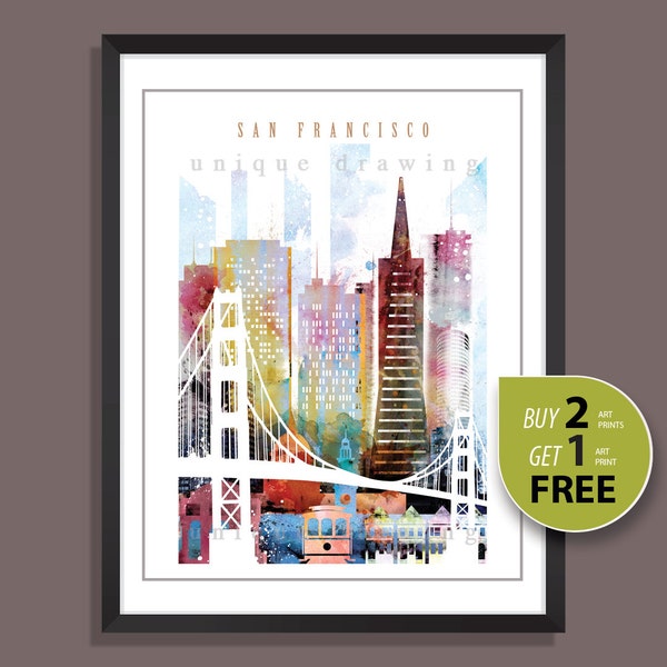 San Francisco, San Francisco city, San Francisco landmarks, San Francisco skyline. San Francisco art print, San Francicco painting, art,4109