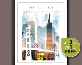 San Francisco, San Francisco landmarks, San Francisco skyline, San Francisco painting. art print, city of San Francisco, wall art deco, 4115