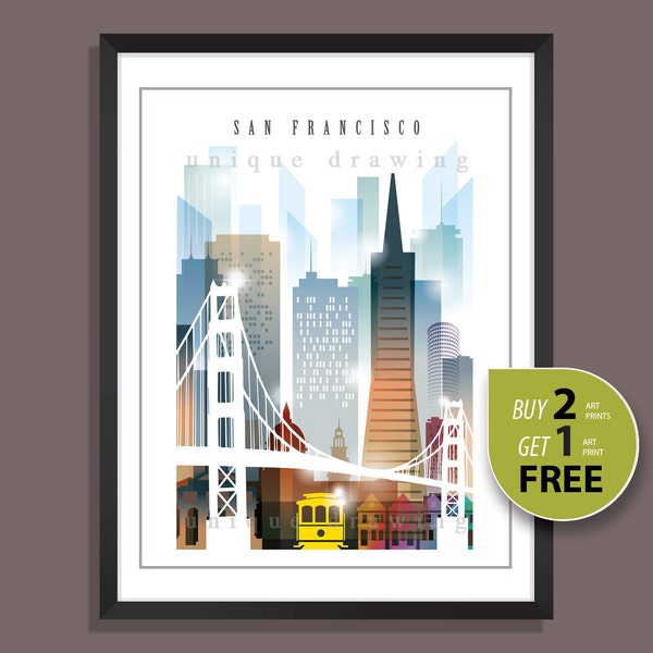 San Francisco, San Francisco landmarks, San Francisco skyline, San Francisco painting. art print, city of San Francisco, wall art deco, 4115
