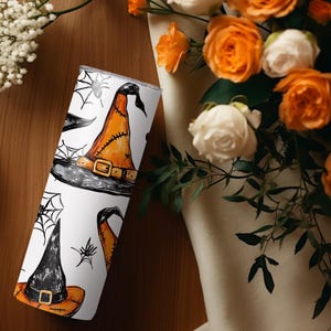 Witch Hat Tumbler Wrap, 20 oz Wrap, Black Orange Witch Hat, Spiders, Halloween Tumbler Wrap, Seamless Design, Halloween PNG SVG File