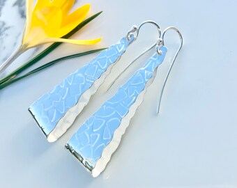 Long silver drop earrings, folded triangle textured earrings - unique and handmade