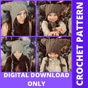 May include: Crochet pattern for a gray hooded hat with pointed ears. The pattern is available as a digital download. The image shows three people wearing the hat, two adults and one child.