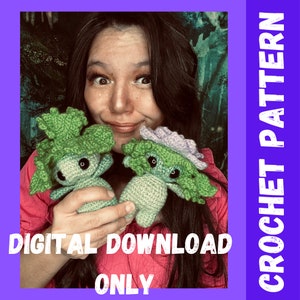 May include: A digital download crochet pattern for two green and purple amigurumi creatures with large eyes. The pattern is available for digital download only.