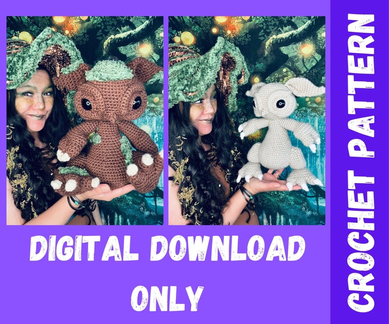 Puede incluir: Dos criaturas amigurumi de crochet, una marr&oacute;n y otra beige, con detalles de hojas verdes. Las criaturas est&aacute;n siendo sostenidas por dos personas. La imagen tiene el texto "DESCARGA DIGITAL SOLO" y "PATR&Oacute;N DE CROCHET"