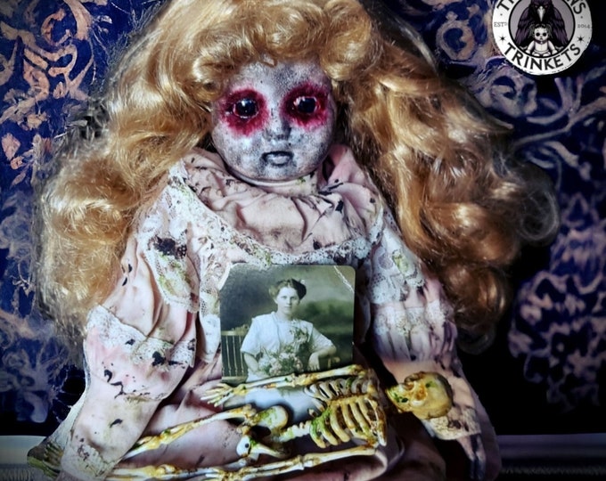 Creepy Doll Gothic Horror Decor Halloween Gift for her / Ooak Art Doll Oddities /  Porcelain Vintage Doll