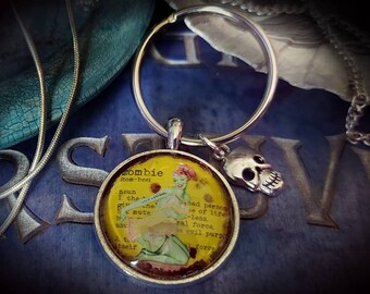 Pin Up Zombie Keyring, Retro Horror Keychain with Skull Charm