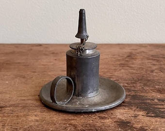 Pewter Finger Lamp, Original Single Tube Camphene Burner, Capen & Molineux, New York, c. 1850