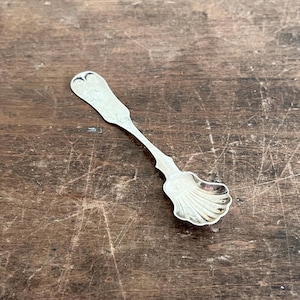 May include: A silver teaspoon with a shell-shaped bowl. The spoon has a simple, elegant design and is in good condition.