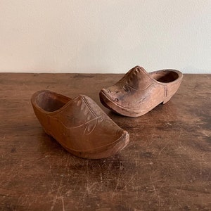Pair Vintage Miniature Carved Wood Clogs, Continental, 20th Century