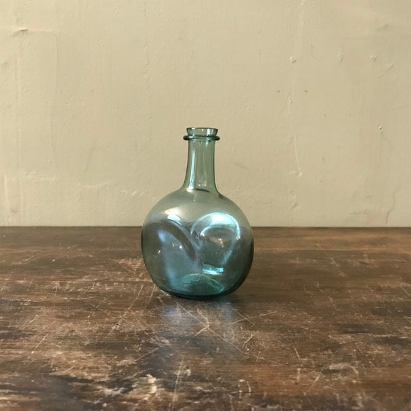 Small Free Blown Utility Bottle With Applied Collar, Aqua Glass With Rough Pontiled Base, Continental, Early 19th Century