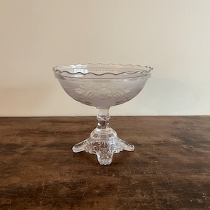 Pressed Glass Compote, Frosted Bowl With Engraved Decoration, Late 19th Century