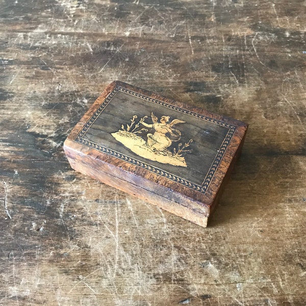 Burlwood Trinket Box With Marquetry Angel On Lid, American, Late 19th Century