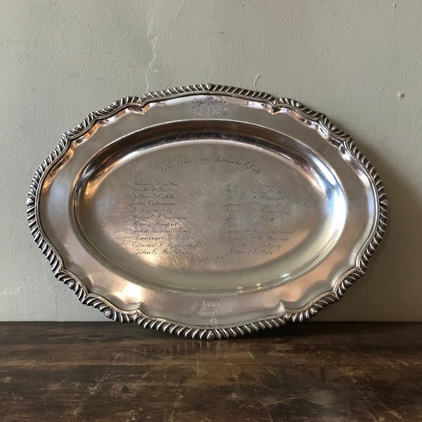 Armorial Sheffield Plate Tray With Gadrooned Rim, English, Early 19th Century, With Later Thursday Lunch Club Of Chicago Engraving