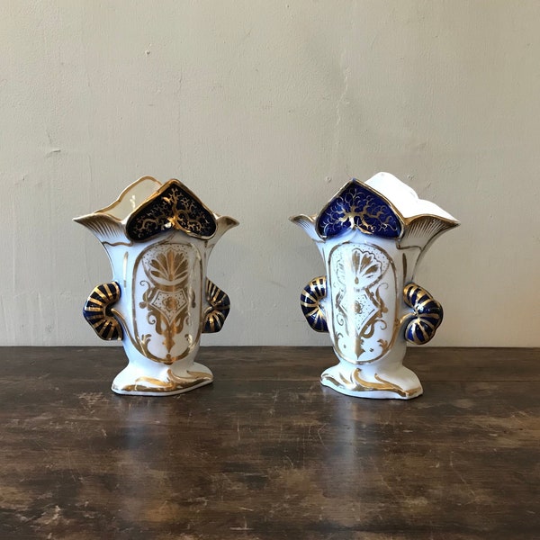 Pair Of Old Paris Type Porcelain Garniture Vases With Navy Blue And Gold Decoration, Continental c. 1860