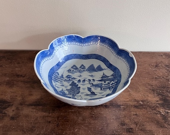 Blue And White Canton Export Porcelain Six Lobed Bowl, Chinese For The American Market, Early To Mid 19th Century, As Found