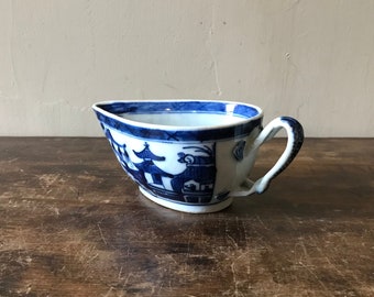 Blue And White Canton China Gravy Boat With Plaited Handle, Chinese, Mid 19th Century