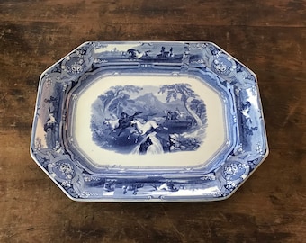 Blue And White Transfer Printed Octagonal Platter, Peruvian Horse Hunt Pattern, Anthony Shaw, Staffordshire, England c. 1853