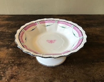 Vintage Feather Edge Creamware Compote, Pink, Green, And Brown Decoration, Made In England For The Bespoke Porcelain Company, New York