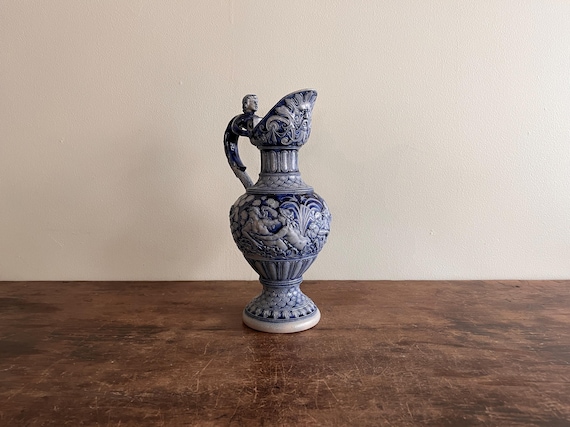 Renaissance Style Blue And White Stoneware Ewer, J. W. Remy, German, Late 19th Century