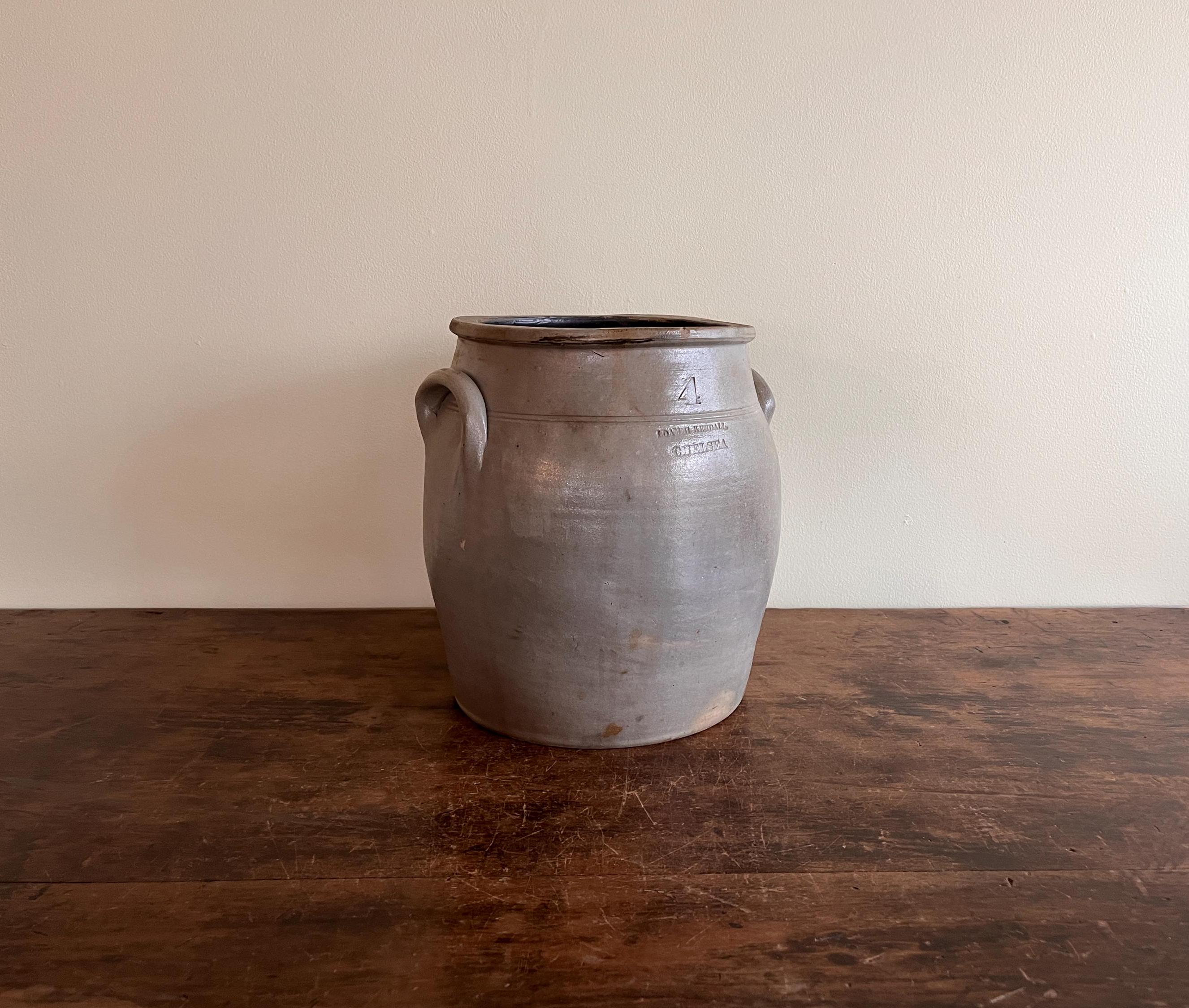 Four Gallon Ovoid Salt Glaze Stoneware Crock Signed Loammi Kendall, Chelsea, Massachusetts, c. 1850