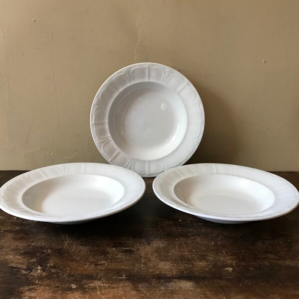 Three White Ironstone Soup Plates Or Bowls, T & R Boote Sydenham Shape, English, c. 1853