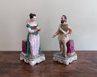 Pair Old Paris Porcelain Figural Spill Vases, Renaissance Lady And Gentleman, Possibly Jacob Petit, 19th Century