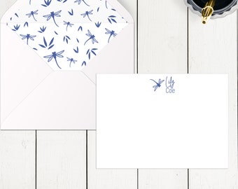 Personalized Dragonfly Notecards, Custom Stationery with names, monograms with choice of colors and lined envelopes