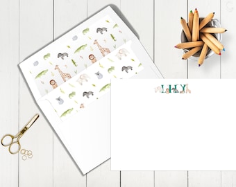 Baby Grußkarten personalisiert: Safari Tiere Briefpapier Set