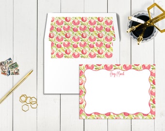 Cartões de notas florais personalizados, artigos de papelaria personalizados, envelopes forrados.