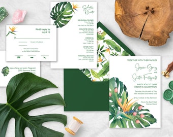 Tropical Wedding Suite-4 PC with Envelope Liner, Perfect for any season, destination wedding, beach wedding, micro wedding, wax seals