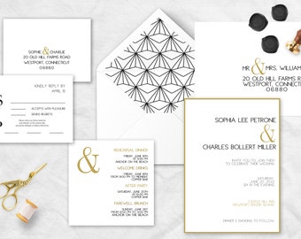 Invitación de boda en negro y dorado con diseño geométrico moderno