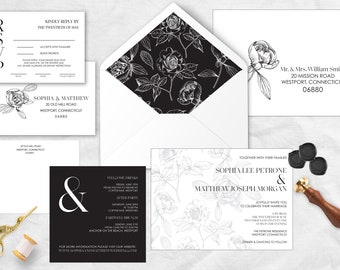 Black and White Floral Wedding Invitation Suite, Rose Monogram