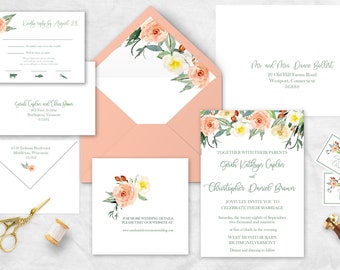 Blush Floral Wedding Invitation Suite, Peach, Sage, 6-Piece