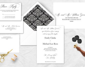 Formal Black + White Wedding Suite-6 PC, Black + White Invitation, Damask, Wedding monogram, Traditional, Script