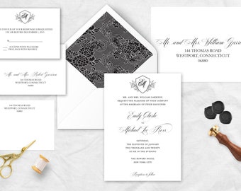 Formal Wedding Suite with Crest-4 PC, Black + White Invitation, Damask, Wedding monogram, Traditional Script