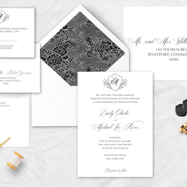 Formal Wedding Suite with Crest-4 PC, Black + White Invitation, Damask, Wedding monogram, Traditional Script