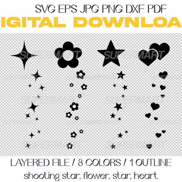 Y2K Shooting stars, stars, hearts, flowers, daisy, SVG, Silhouette, Graphics, Illustration, Vector, Clipart Digital Download. 8 colors