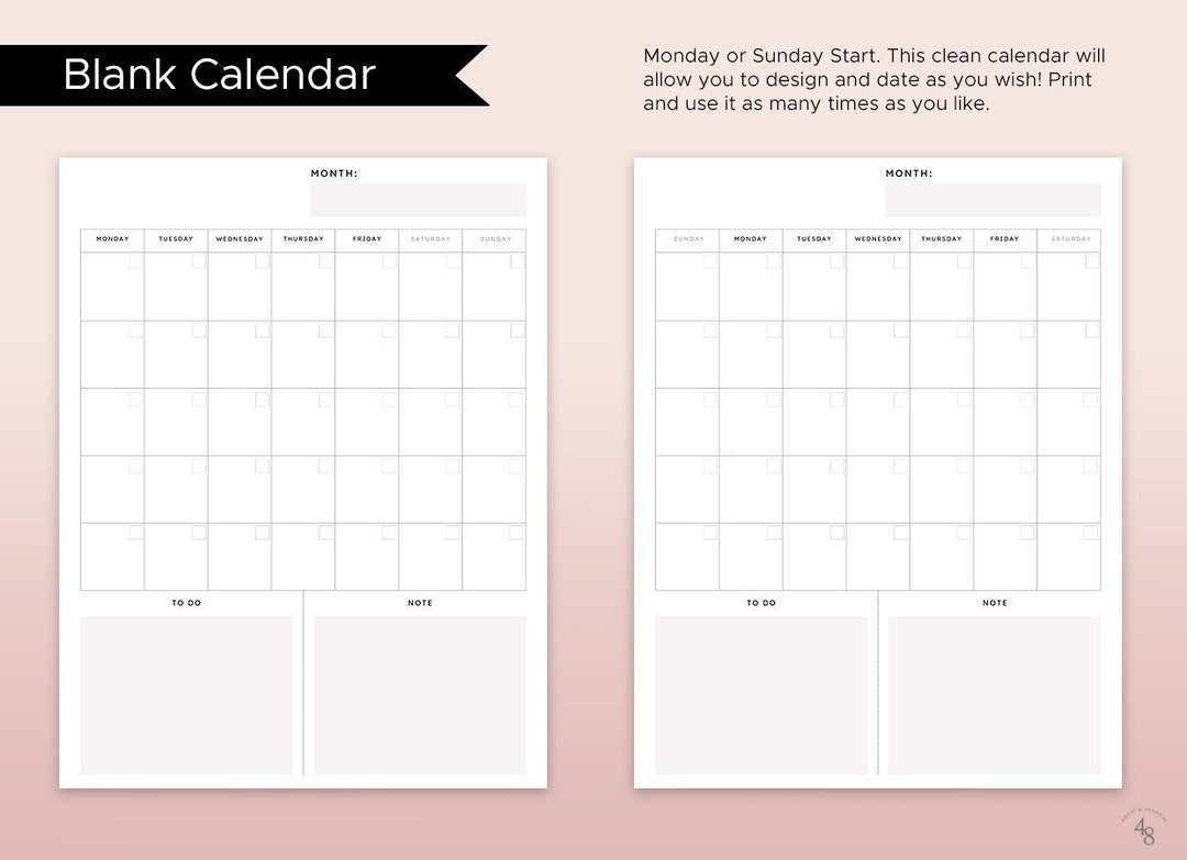Blank Month Calendar/ .PDF File / Printable / Calendar Template / US Letter Size/ Simple Design ...