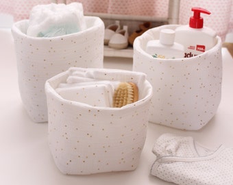 Storage basket in white cotton gauze and gold pea - baby boy / girl room storage - baby gift - Changing table storage
