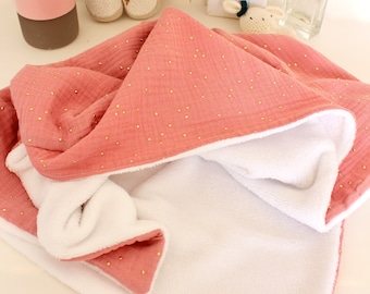 Hooded towel for baby cotton gauze tea pink gold dots