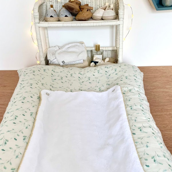 Housse matelas à langer EDEN blanc cassé feuillage vert