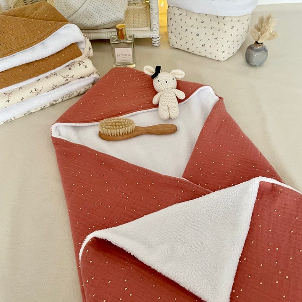 Hooded towel for baby cotton gauze terracotta golden dots