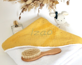 Mustard yellow cotton gauze hooded baby towel