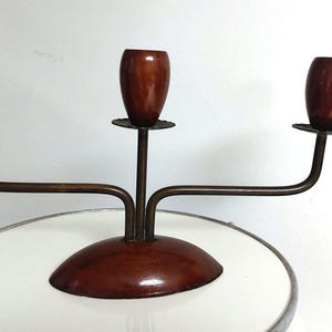 Teak brass mid century candlestick three-flame vintage