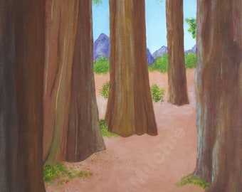 75% de réduction pour cette peinture de paysage acrylique originale unique en son genre intitulée "Chemin dans les séquoias" sur une toile tendue de 16 "x 12"