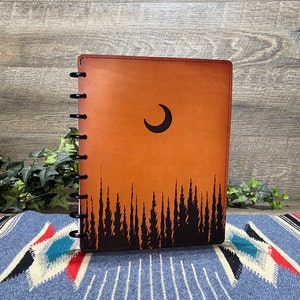 Trees and Moon Leather Personalized Discbound Planner Cover