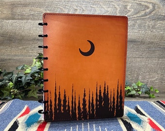 Trees and Moon Leather Personalized Discbound Planner Cover