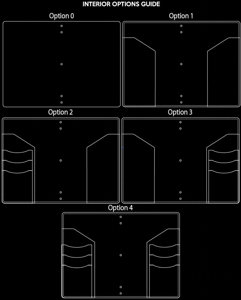 May include: Interior options guide for a wallet with four different layouts. Option 0 has no pockets. Option 1 has two large pockets. Option 2 has a large pocket and a smaller pocket with three slots. Option 3 has two large pockets. Option 4 has two smaller pockets with three slots each.
